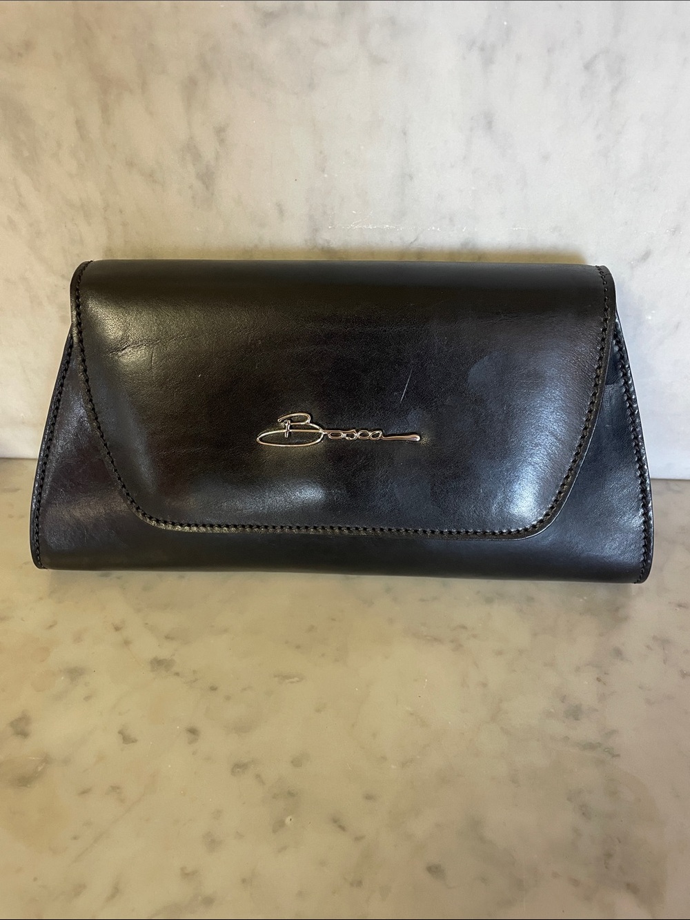 BOSCA Black Leather Italian Clutch with Silver Tone Logo Vintage